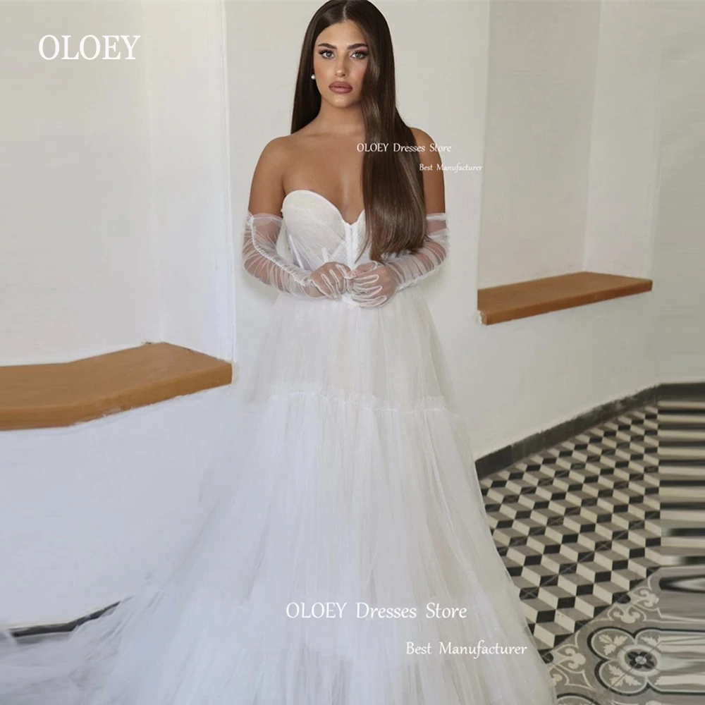 

OLOEY Sexy Sweetheart Tulle A Line Wedding Dresses Sweep Train Tiered Country Simple Bridal Gowns vestidos de novia