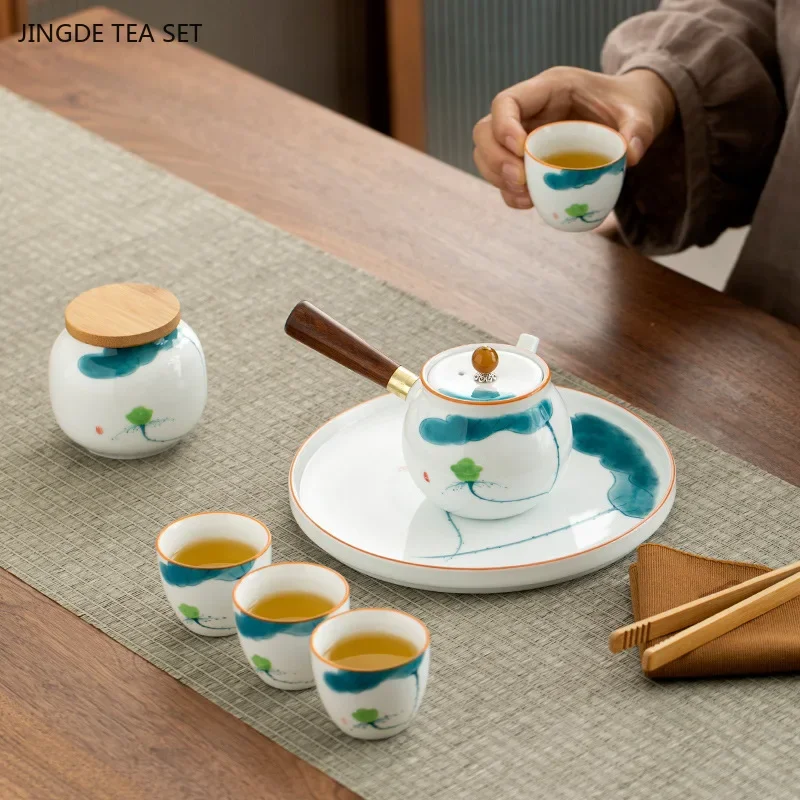 Hand-painted portable tea set side handle pot Travel Teapot and Cup set Outdoor one pot of four cups with tea pot with tea tray