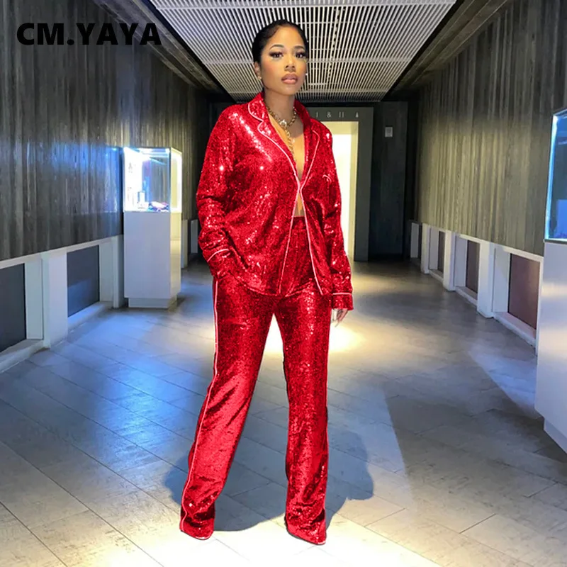 CM.YAYA Elegant Sequins Women's Set Blazer Shirt and Wide Leg Pants 2022 Sexy Party Evening Night Two 2 Piece Outfits |