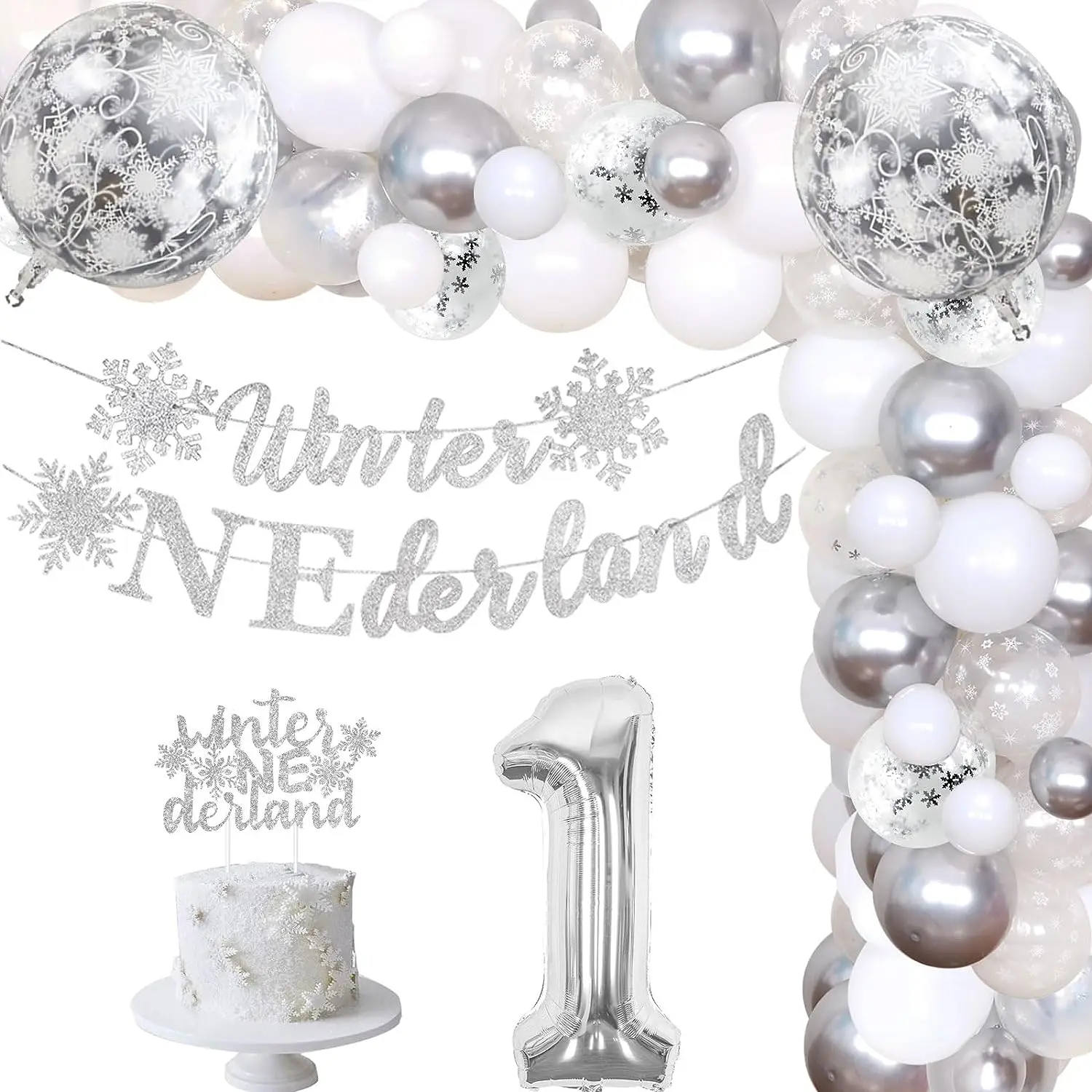 

Winter Onederland 1st Birthday Party Decorations, Silver Balloon Arch Kit, Snowflake Banner, Cake Topper, Boys and Girls, 1 Year