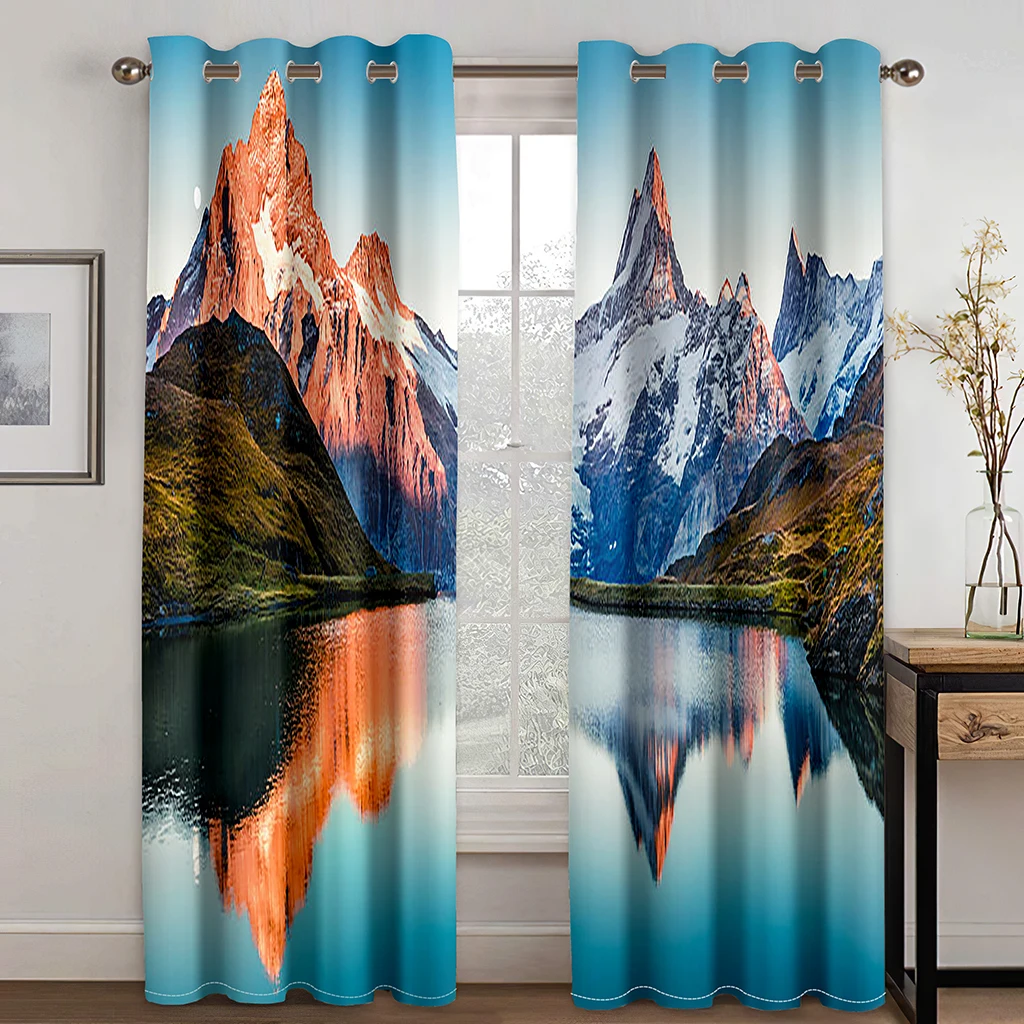 

New Natural Scenery Snow Mountain Lake Forest Cloud Sun Waterfall 3D-printed Curtains for Bedroom Hotel Studio Window 2Panels