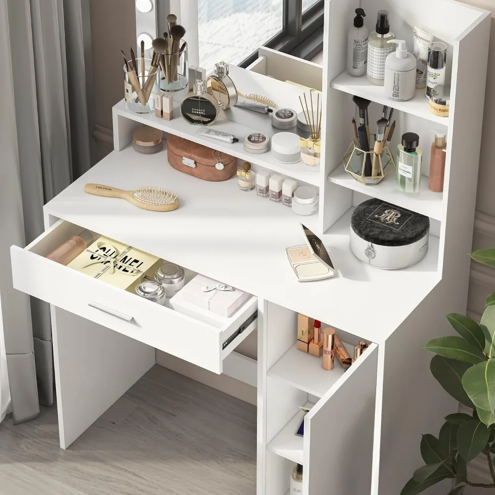 Vanity Desk with Mirror & Light, Large Drawer & Three Level Storage Dresser, 3 Lighting Modes Adjustable Brightness
