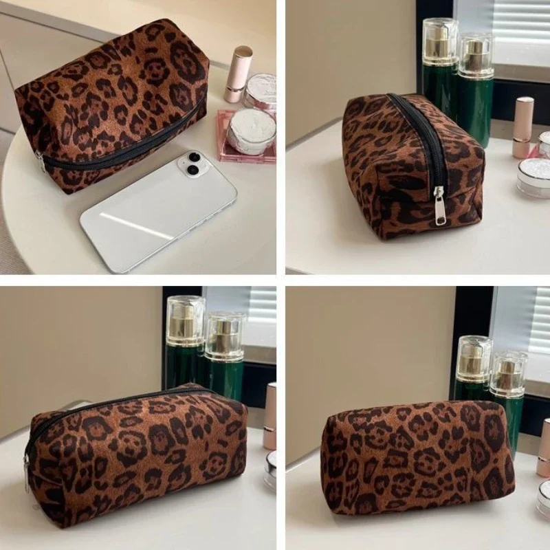 Large Women Leopard Cosmetic Bag Box Shaped Zipper Make Up Bag Travel Washing Makeup Organizer Beauty Case Makeup Pouch Purse