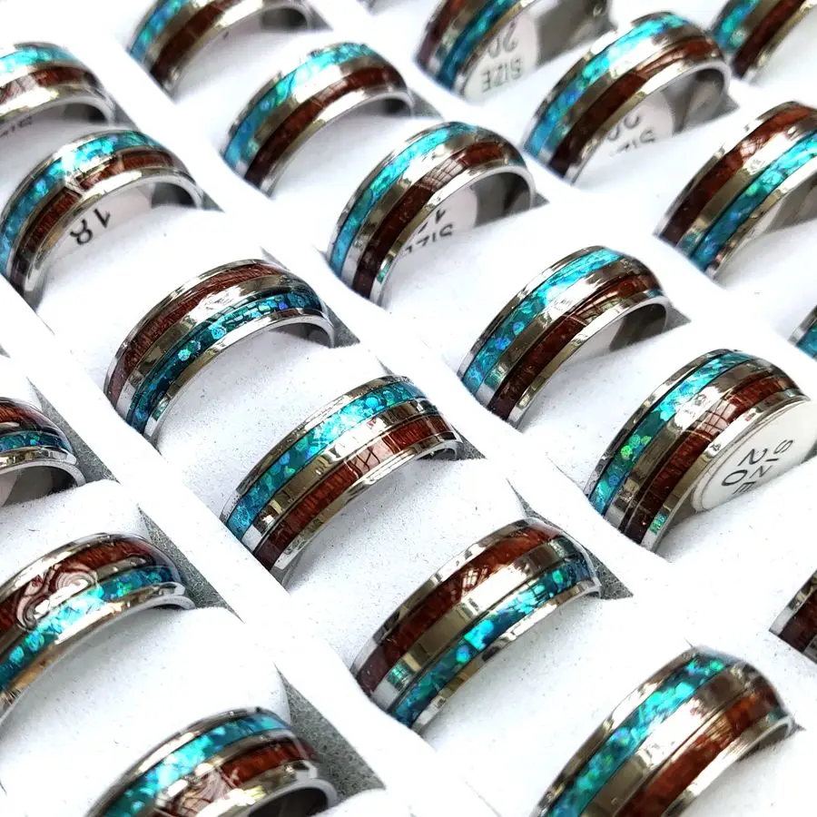 36Pcs/lot Wholesale Shell & Wood Inlay Stainless Steel Men Women Ring Fashion Jewelry Bulk Lots 3