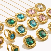 E.B.belle Round Square Flower Zircon Earrings Necklace Ring Tarnish Free Stainless Steel Women's Ring 18K Gold Plated Jewelry