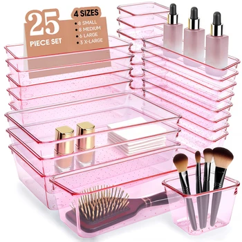 Set di Organizzatori per Cassetti, 25 Pezzi, Vassoi in Plastica Acrilica Rosa per Cucina, Ufficio, Scrivania, Trucco, Bagno