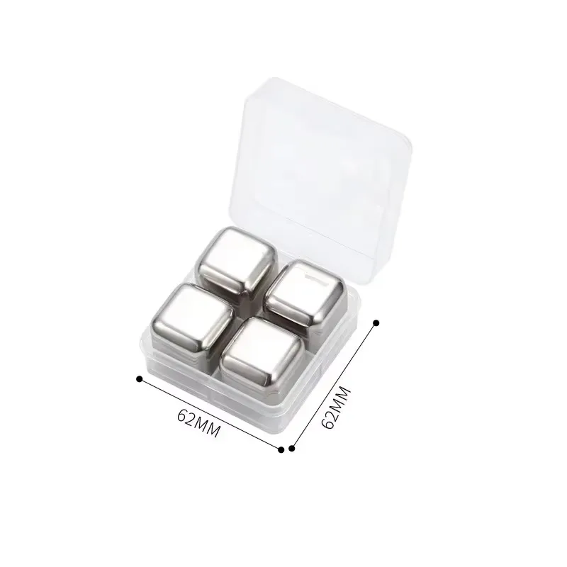 304 Stainless Silvery Steel Ice Cube Ice Wine Stone Ball Whiskey Metal Cube Set with Clip Bar Wine Set Bucket