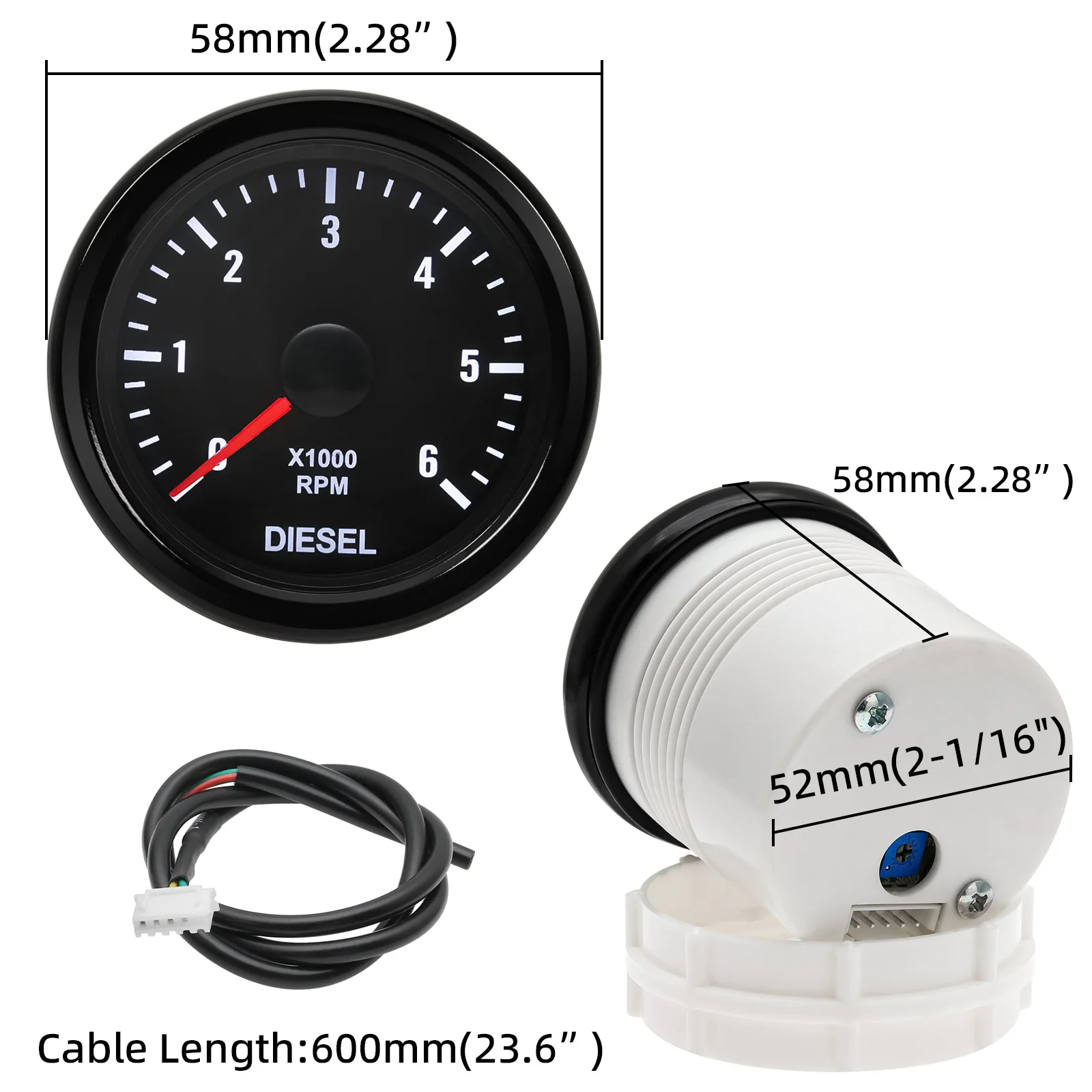 12V Outdoor Motor Tachometer Gauge 52mm 0~6000rpm Tacho Meter REV Counter for Diesel Engine For 1-20 Cylinders Tahometru LED