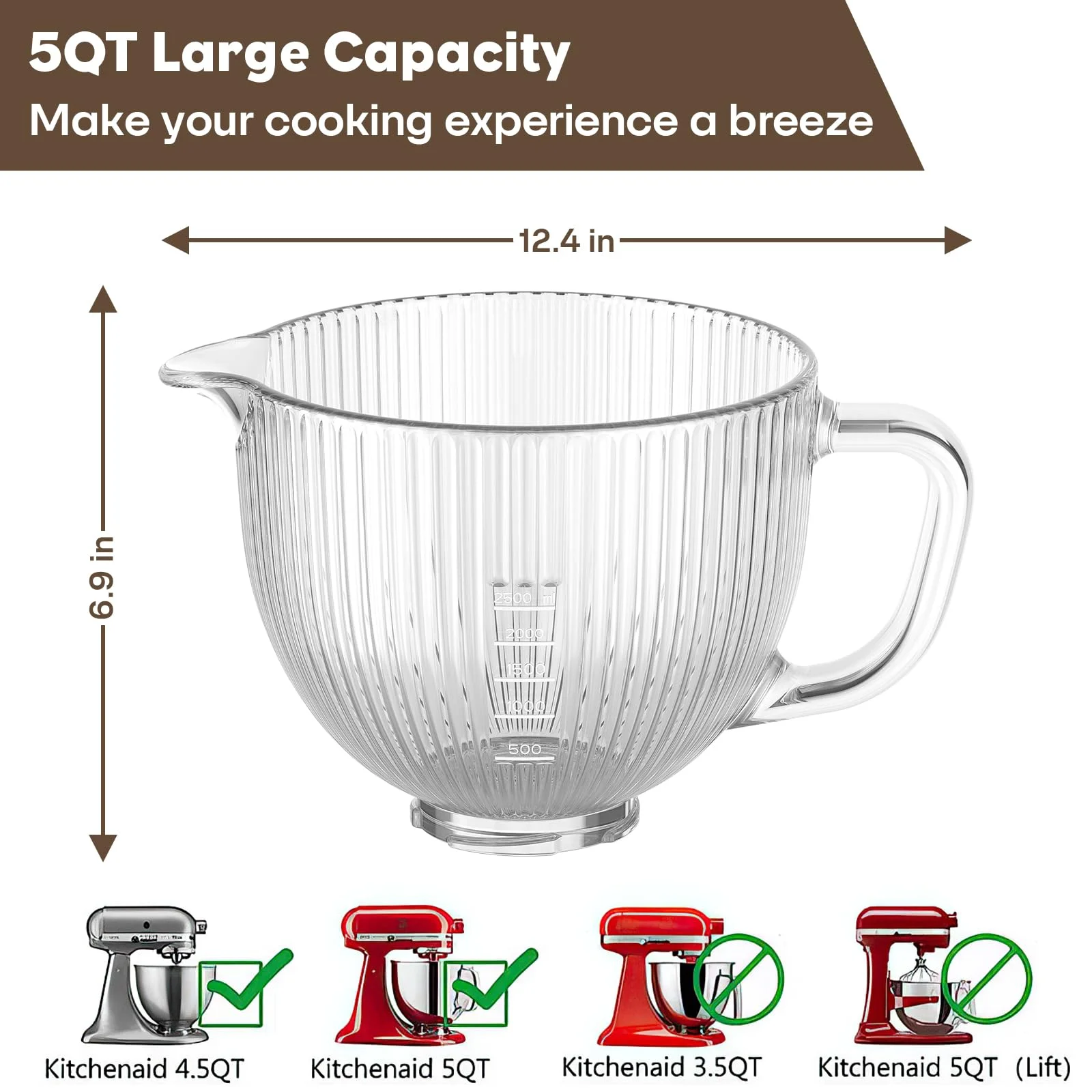 وعاء زجاجي لخلاط كيتشن ايد 4.5 5 لتر وعاء خلاط برأ...