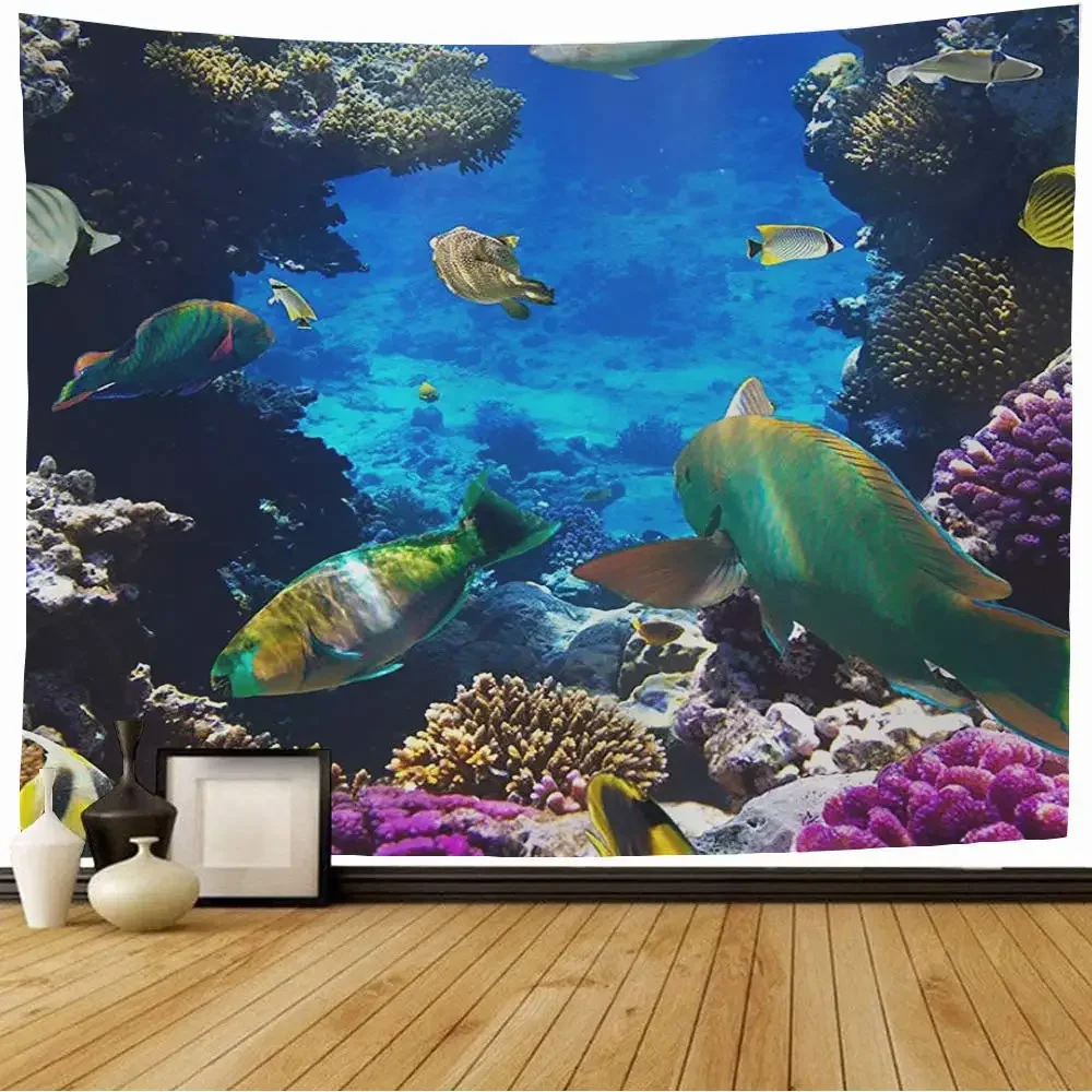 Tropical Fish Undersea World Tapestry Wall Hanging Ocean Animals Tapestries for Bedroom Aesthetic Living Room Home Decoration