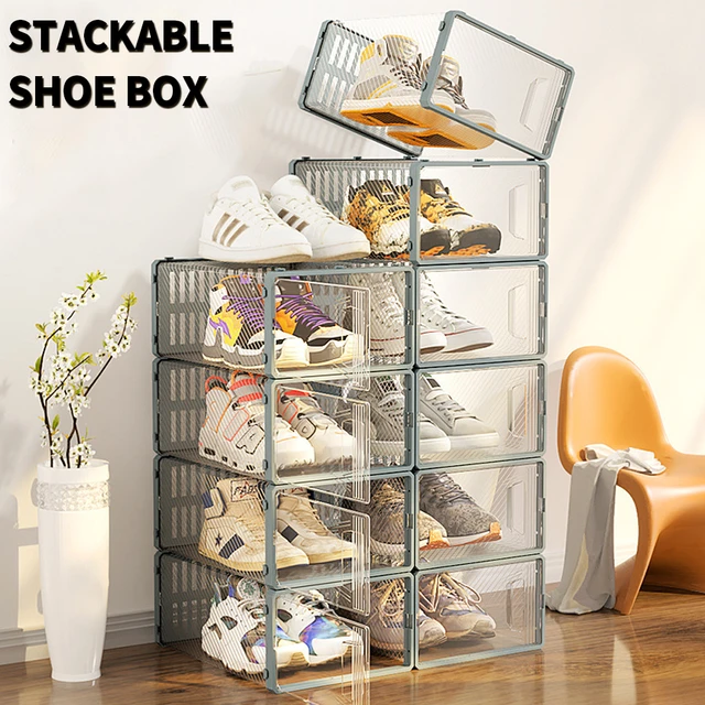 6Pcs Collapsible Shoe Box Stackable Shoe Storage Bin Transparent