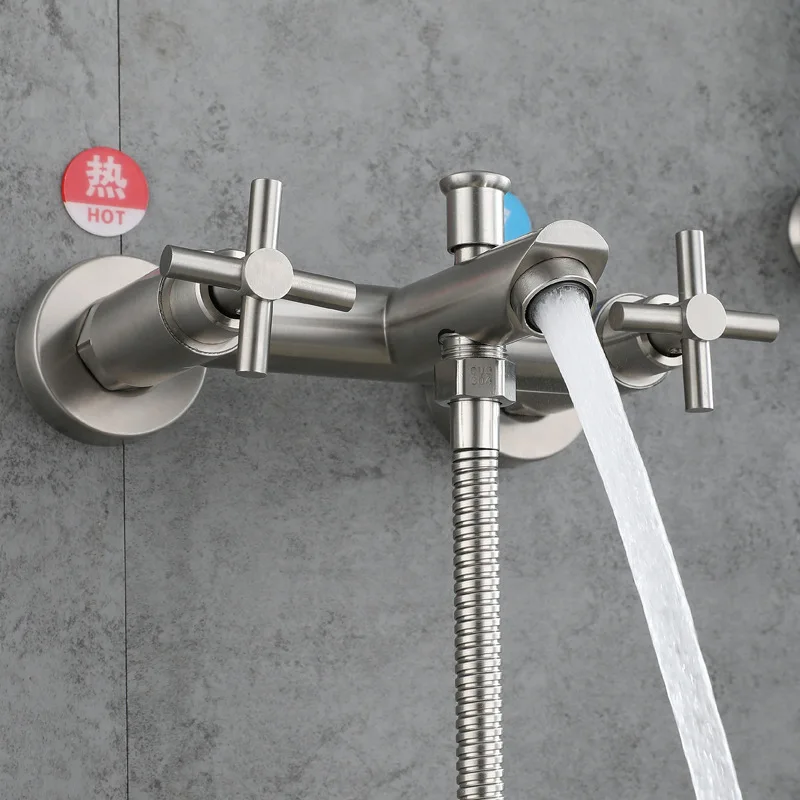 Bathroom Shower Faucet Stainless Steel Triple Bathtub Faucet Double Cross Handle Dual Control Hot Cold Mixer Valve Nozzle Tap 2