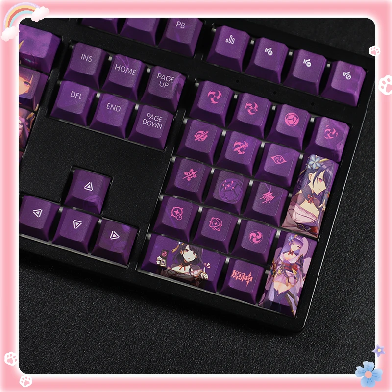 Chaves Conjunto Genshin Impacto Raiden Shogun Tema Pbt Keycaps para Teclado Mecânico Jogo Anime Japonês Design Personalizado Bonito Menina 108 - Imagem 4