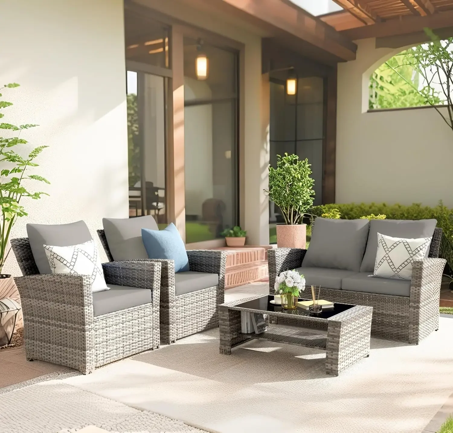 NEW-4-Piece Grey Waterproof PE Wicker Outdoor Sectional Sofa Set with Grey Cushions,All-Weather Patio Furniture for Balcony, Por