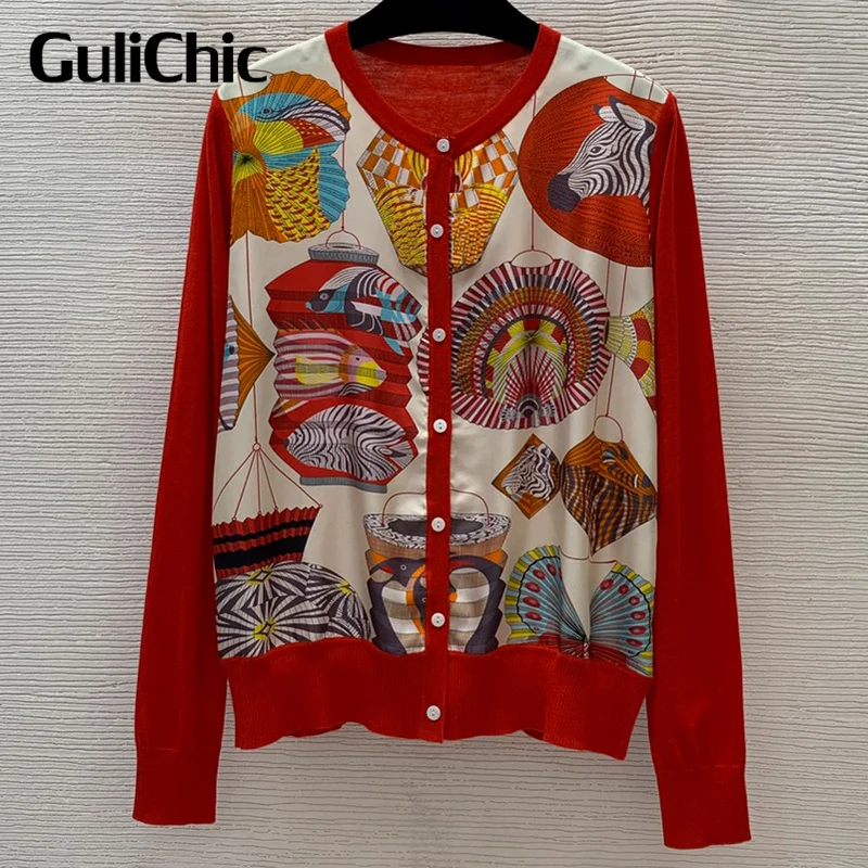 

9.19 GuliChic Fashion Vintage Chic Pattern Print Crew Neck Single Breasted Long Sleeve Knitted Spliced Cardigan Women
