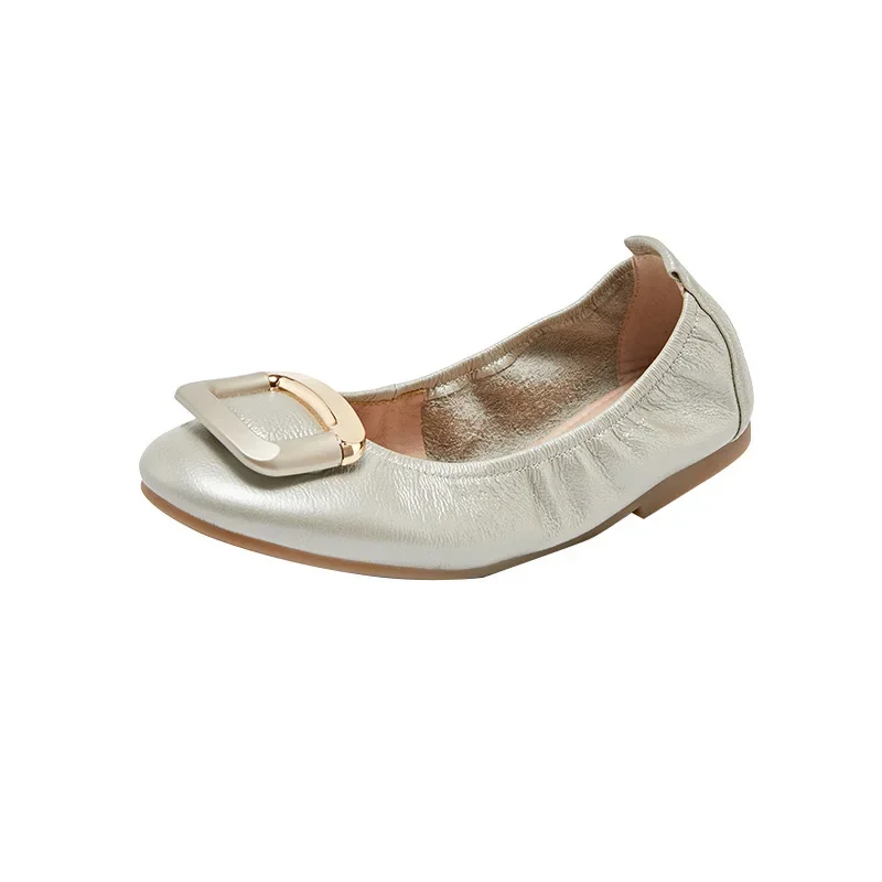 Genuine Leather Women's Flat Shoes Women Buckle Round Toe Slip on Ballet Flats Lazy Loafers Moccasins Ladies Casual Flats Shoes 6