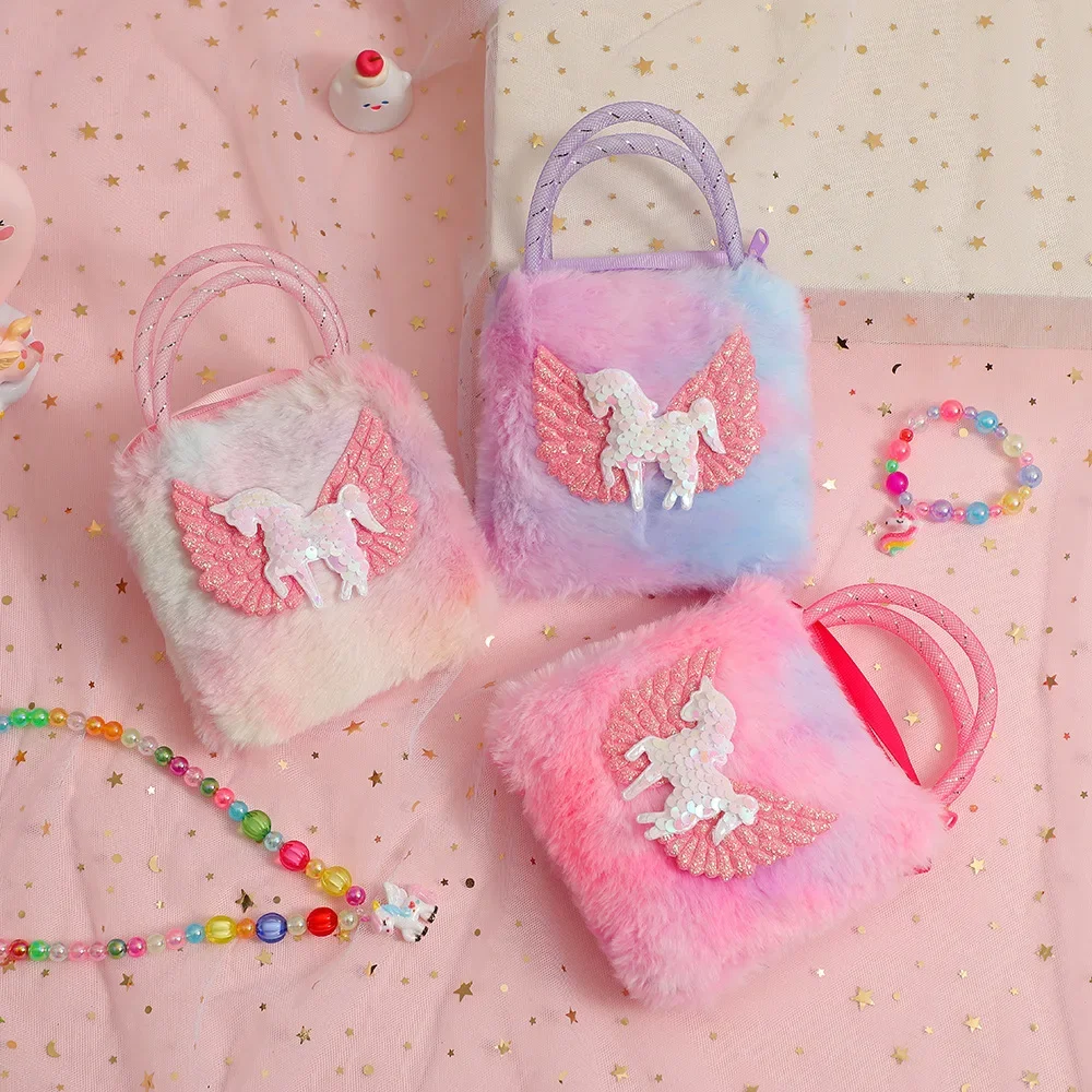 Kawaii Cute Cartoon Unicorn Kids Shoulder Bag for Girls Plush Shiny Gradient Color Crossbody Bag Baby Small Stuff Storage Bag