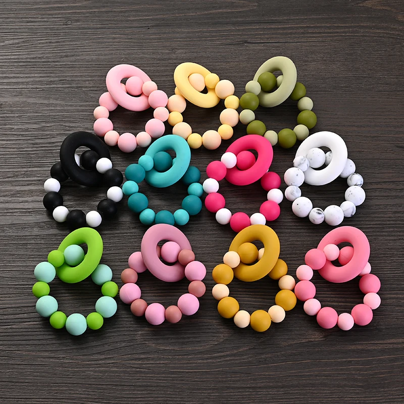 Baby Nursing Bracelets Teether Toys Silicone Beech Ring Beads Teething Wood Rattles Fidget Toys Newborn Accessories BPA Free 4