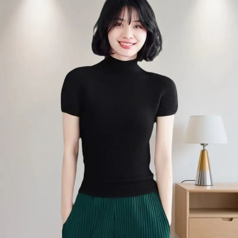 Pleated Japanese Classic Simple T-shirt Miyake High Neck Pullover Short Sleeve Tight Top with Stretchy Clothing Thin Lightweight