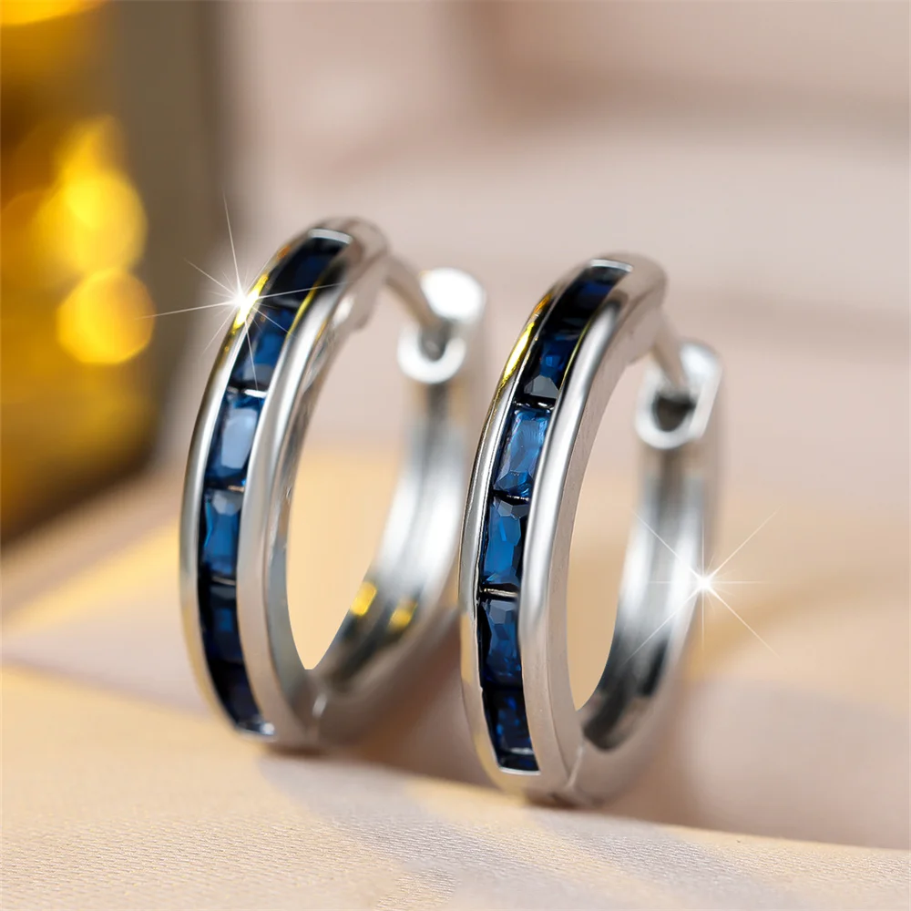 Geometric Zircon Blue Crystal Small Round Hoop Earrings For Women Trendy Silver Color Ear Buckle Wedding Jewelry Engagement Gift