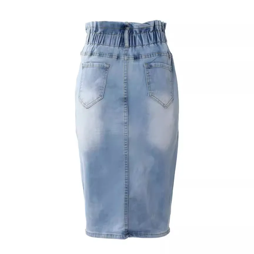 Women's Skirt 2024 Summer Fashion Button Fly High Waist Sexy Slit Casual Plain Skinny Daily Pocket Design Midi Denim Skirt