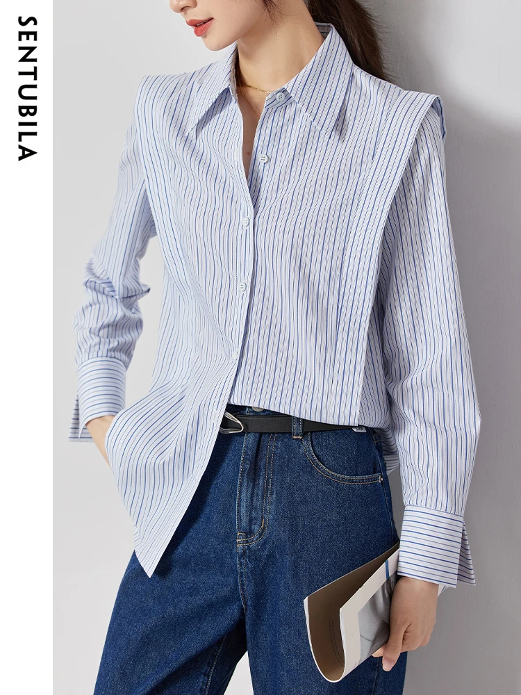 

Sentubila Simple Female Blouse 2023 New Spring Autumn striped Long-sleeved Single Breasted Fashion Office Lady Shirts