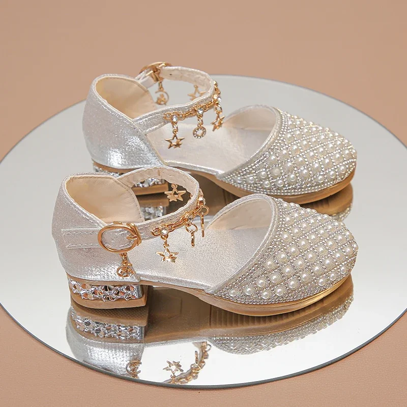 Girls Leather High Heel Wedding Party Shoes with Rhinestone