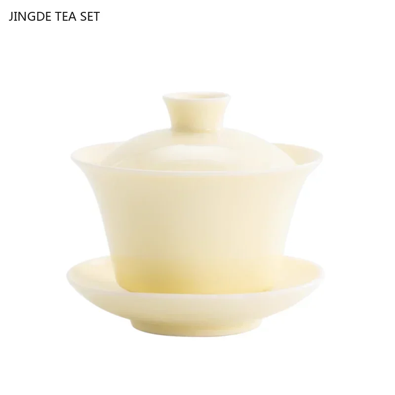 1PCS Yellow exquisite ceramic tea set Handmade gaiwan teacup traditional porcelain tea accessories with covered teacup tea set