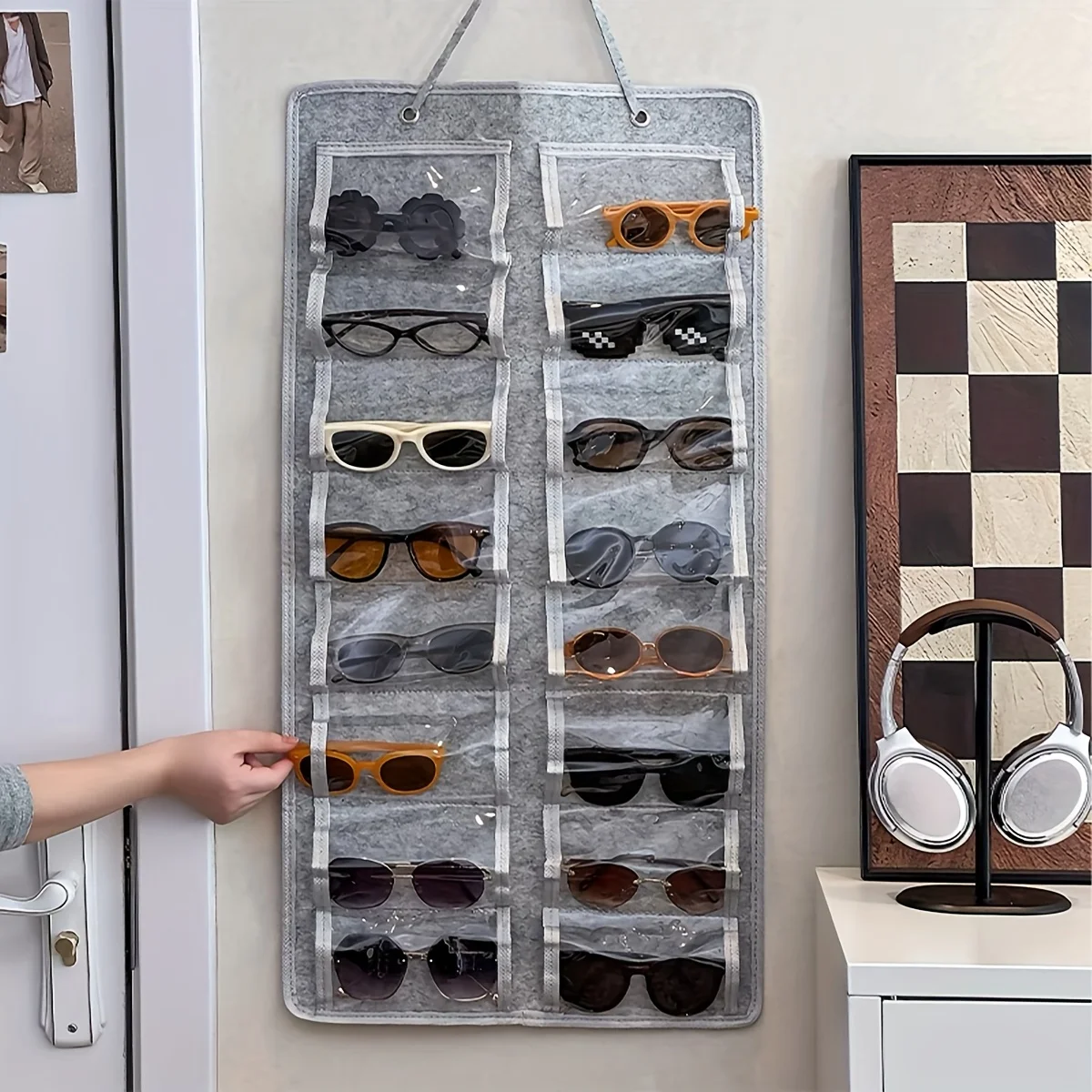 1pc Wall-Mounted Glasses Organizer with 16 Felt Slots - Dust-Proof,Multi-Functional Hanging Organizer for Home/Office