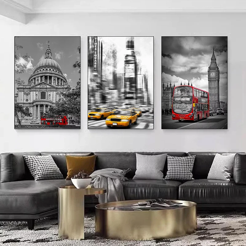 Yellow and Red Urban Telephone Box Canvas Print - Modern City Landscape Wall Art