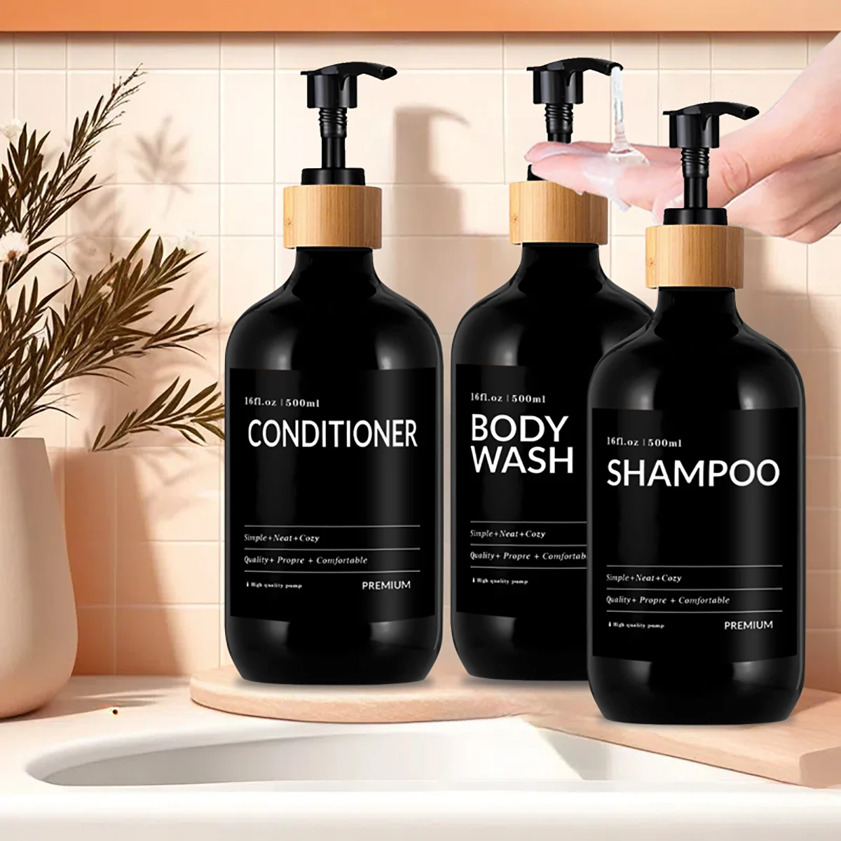 แชมพูอาบน้ําและครีมนวดผมเครื่องจ่ายสบู่ที่มีฉลาก Apothecary คอนเทนเนอร์ของเหลวขวดปั๊มไม้ไผ่ตกแต่งบ้าน 1