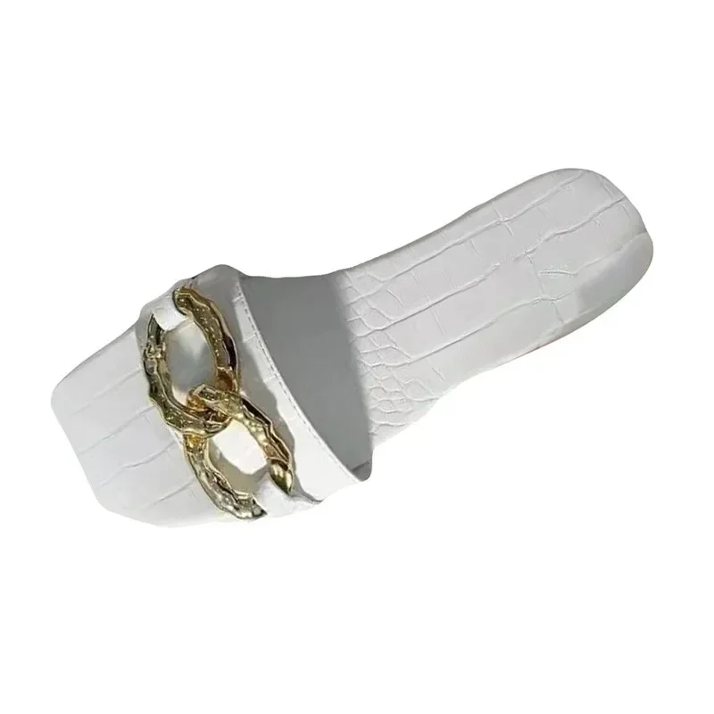 Women Summer Slippers Fashion Metal Chain Flat Sandals Ladies Outdoor Beach Flip Flops Square Toe Slides Woman Large Size 43