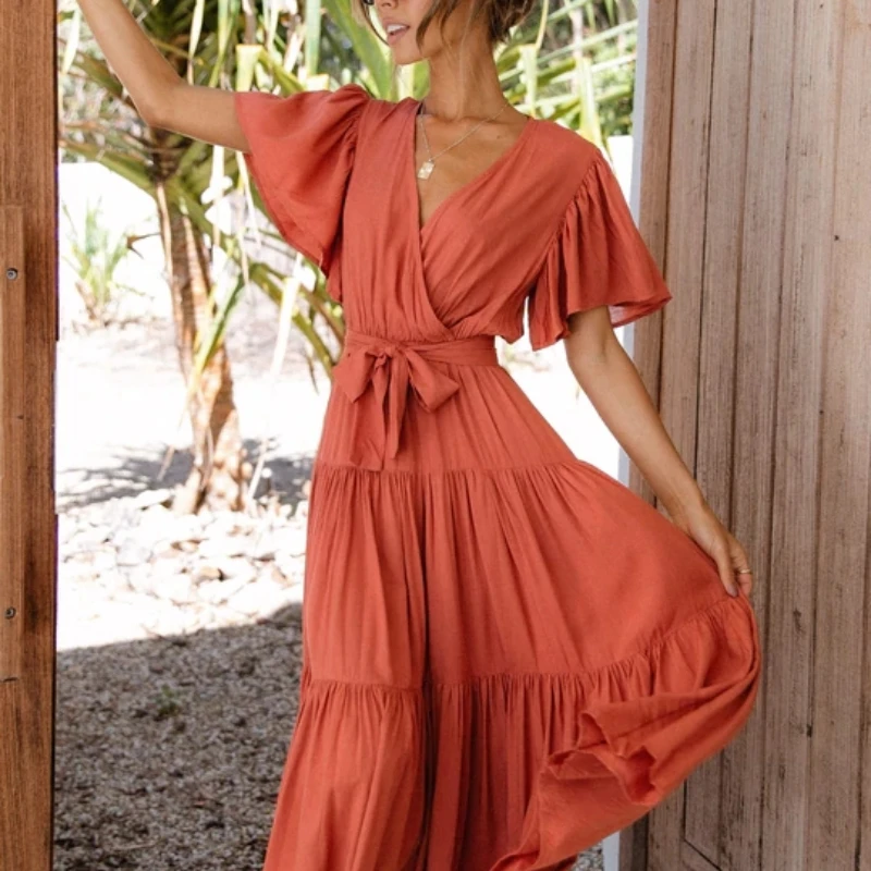 

New V-neck Commuter Printing Short-sleeved Waist Long Skirt Bohemian Dress