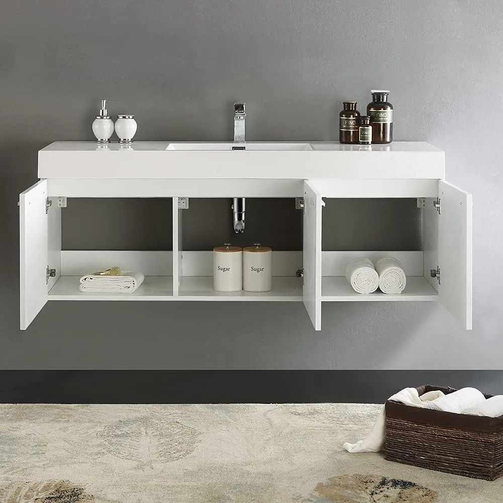 60 Inch White Wall Hung Modern Double Bathroom Vanity - Includes Integrated White Sink with 3 Cabinets - Faucet Not Included 6