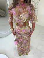 Alison Sparkly Sequin Lace Sheer Long Skirt Set 2