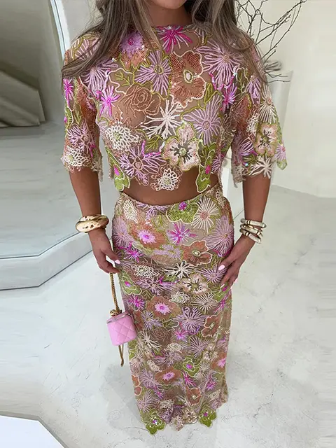 Alison Sparkly Sequin Lace Sheer Long Skirt Set 2