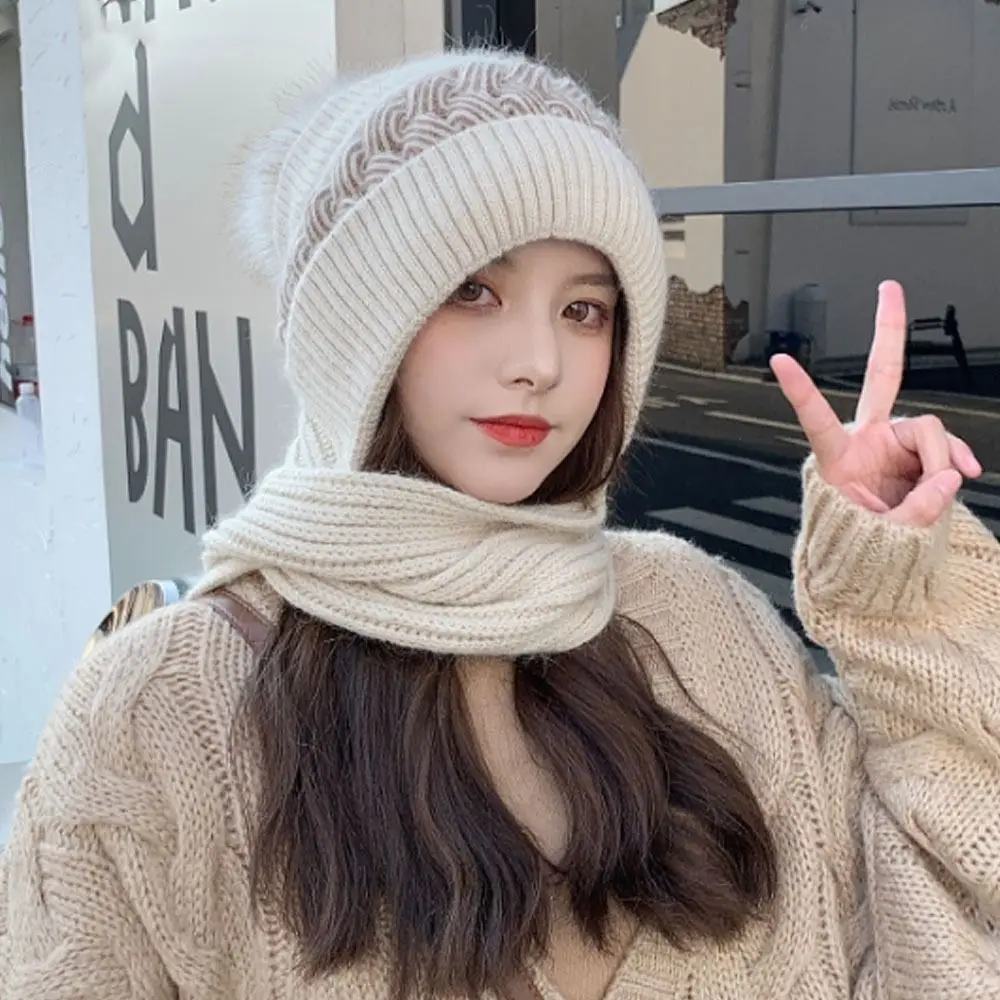 Winter Windproof Integrated Cap Scarf Knitted Thickening Ear Protection Cap Soft Warm Beanie Hat Scarf Women