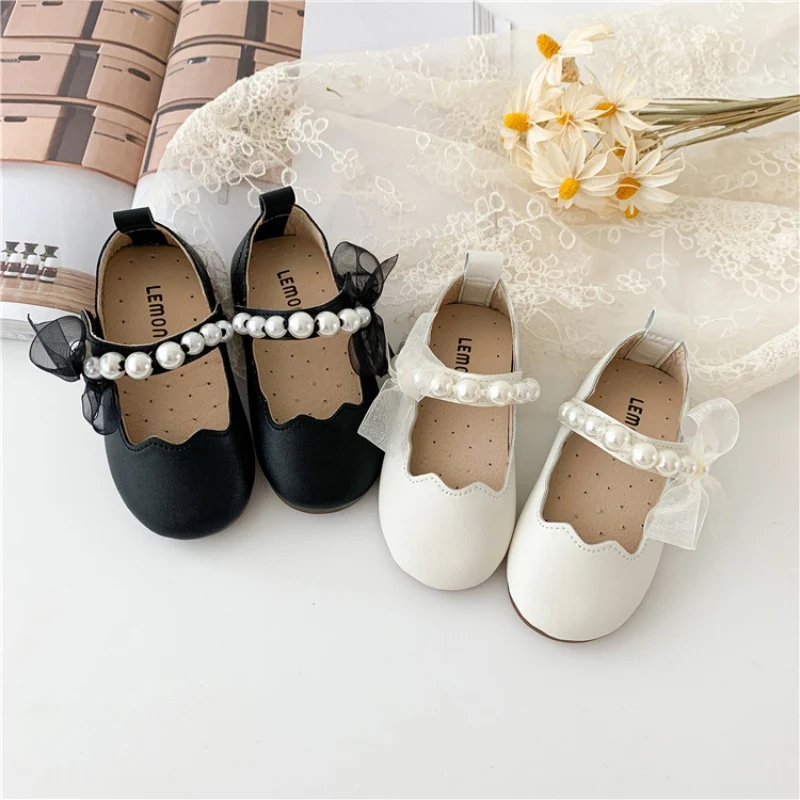 

Baywell Kids Girls Pearl Crystal Princess Shoes Wedding Dress Non-Slip PU Leather Flat Dance Shoes 1-6 Years