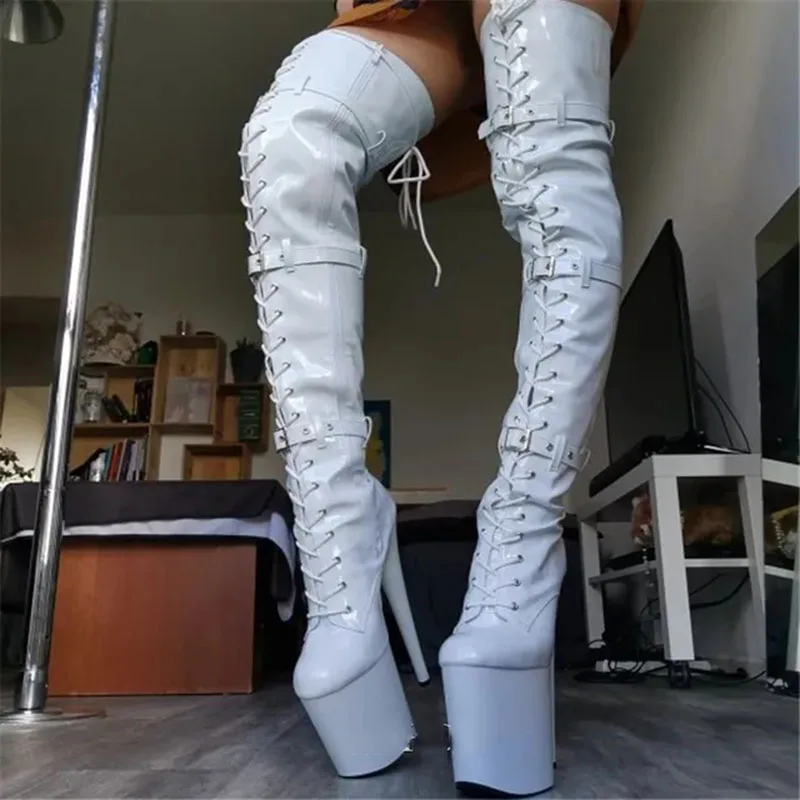 LAIJIANJINXIA 여성용 나이트클럽 폴 댄싱 슈즈, 허벅지 높이 Alt 17cm, 8 인치 무릎 위 부츠 플랫폼, 섹시한 스트리퍼
