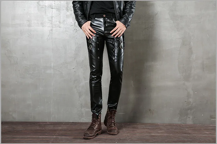 Mens Punk Fashion PU Leather Pants Personality Motorcycle Pencil Trousers Hip Hop Applique Black Leather Trousers Male