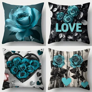 4-Pack Blue Rose LOVE Decorative Pillow Covers 1