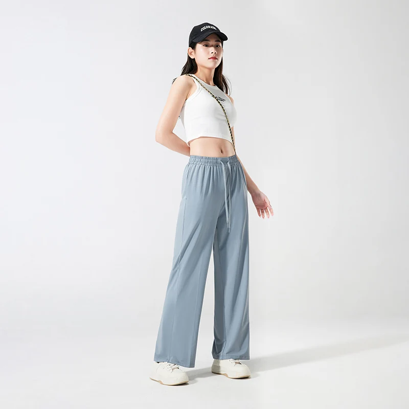 2024 Women's Summer Ice Silk Pants Casual Fashion Solid Color Versatile Loose Breathable Wide Leg Pants Outdoor Sports Pants
