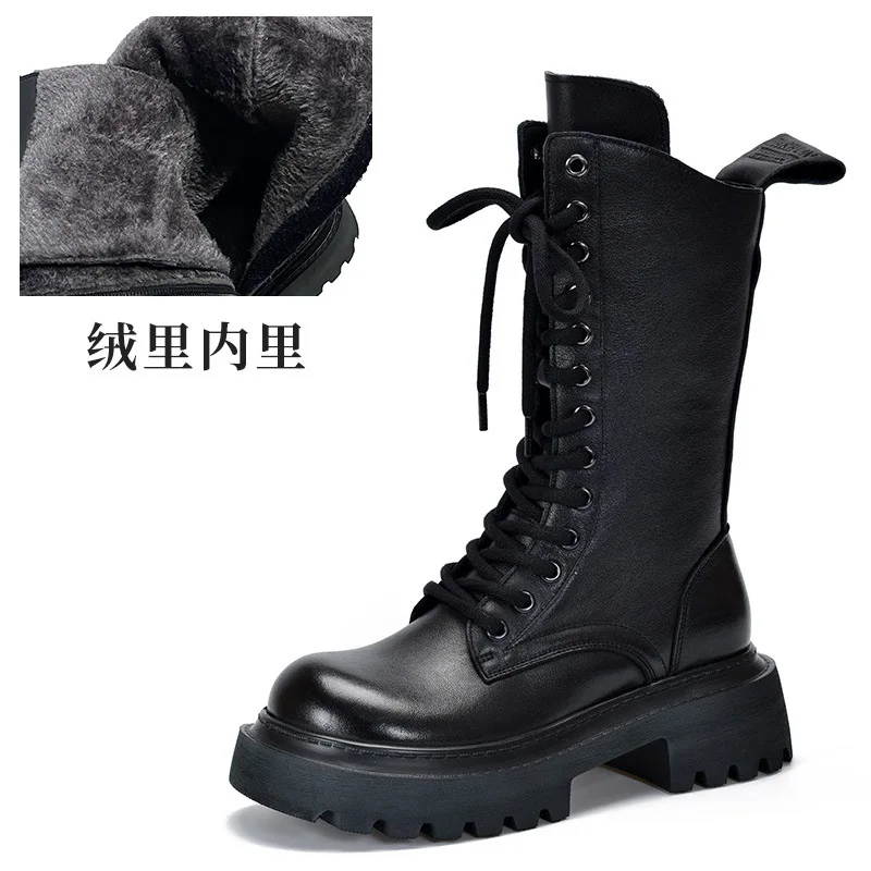 2024 New Ladies Autumn Winter British Style Lace Up Martin Boots Fashion Trend Platform Women's Mid-calf Boots