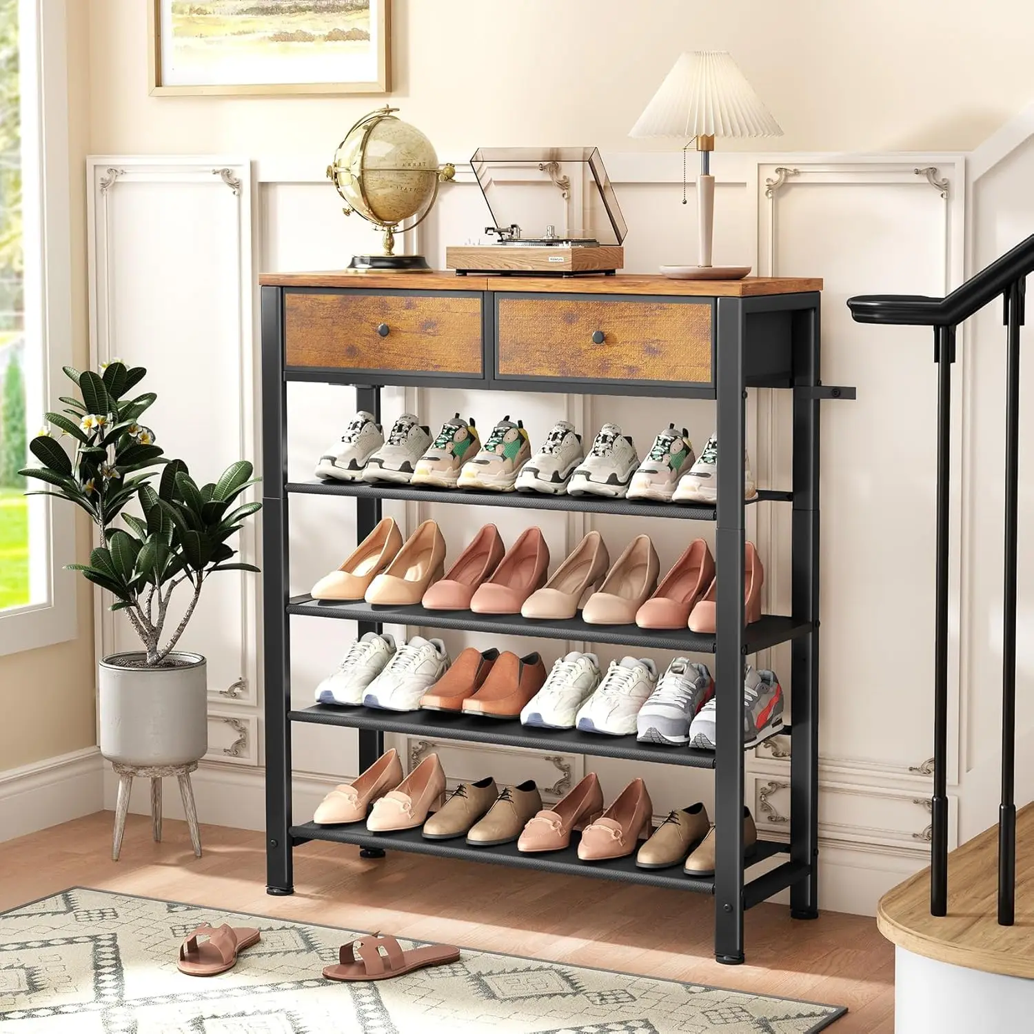 Shoe Rack, 4 Tier Shoe Organizer for 9-12 Pairs of Shoes, with 2 Drawers, 3 Fabric Shelves and Wooden Top 6