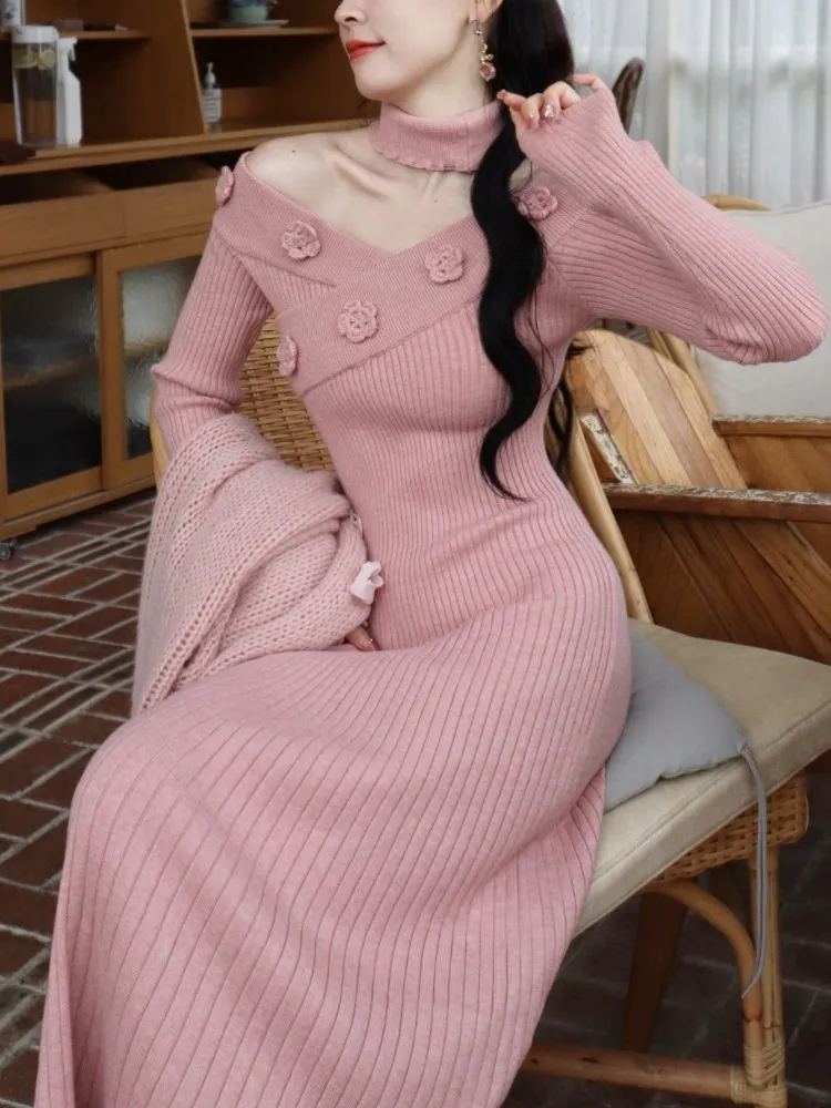 Women Pink Sweater Midi Dress Female French Vintage Long Sleeve Bodycon  V-neck Dress Lady Autumn 2022 Design Floral Slim Dress - Dresses -  AliExpress