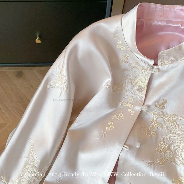 Chinese Style Tang Suit Top Embroidered Satin Stand Collar Jacket Women Spring Retro Zen Thin Top