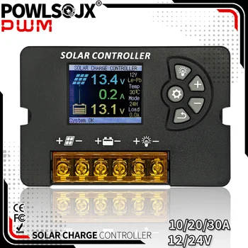 POWLSOJX 12V/24V PWM Solar Charge Controller 10A/20A/30A with Color LCD Screen, Adjustable Voltage, Multi-Battery Support