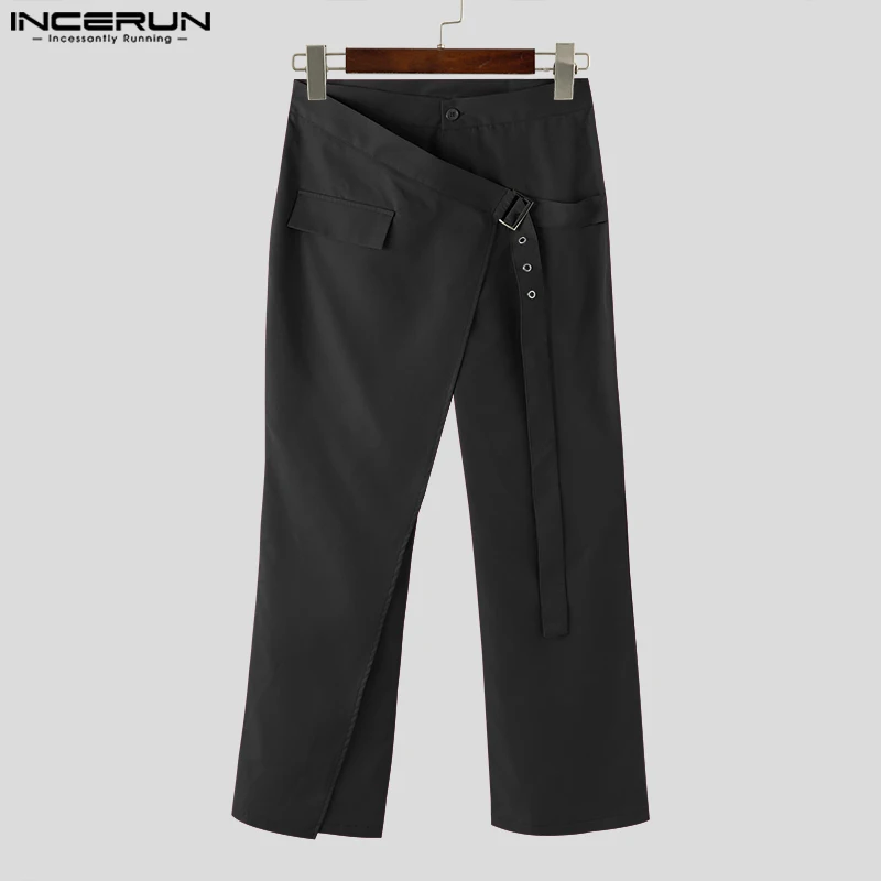 INCERUN 2023 American Style Fashion Mens Trousers Fake Two-piece Metal Buckle Pants Casual Street Solid Wide Leg Pantalons S-5XL