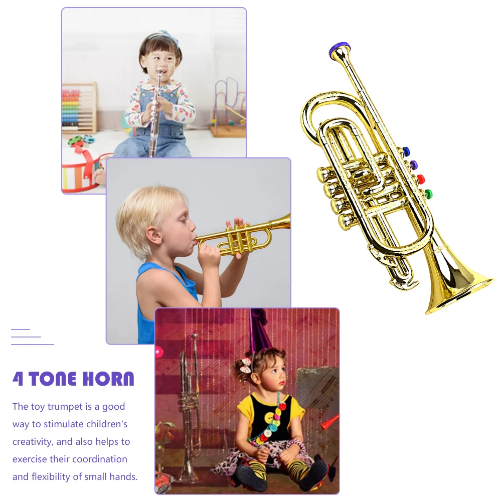Professional Metallic Gold Trumpet Musical Educational Toy Kids Saxophone Trumpet with 4 Colored Keys Simulation Instrument