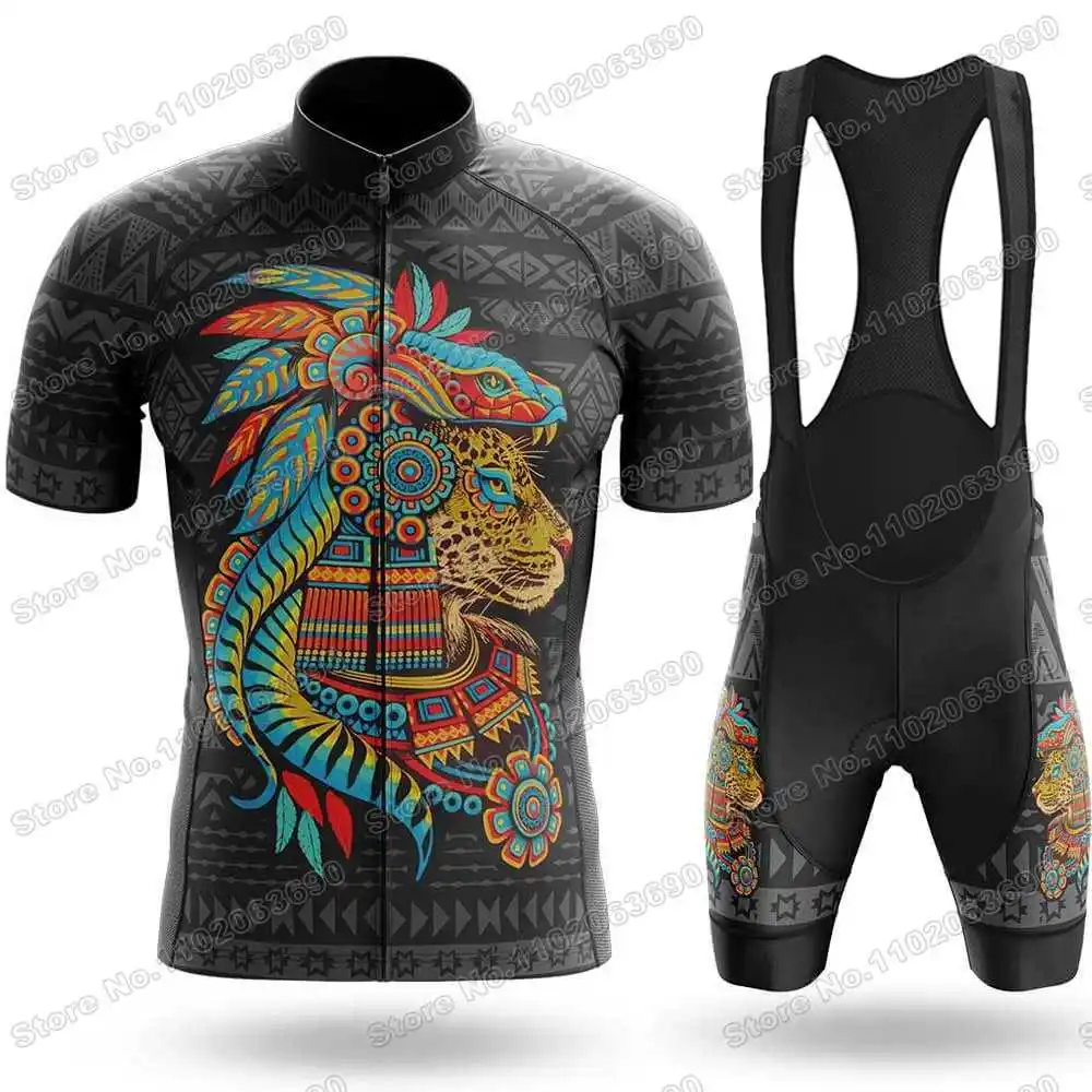 Mexico Cycling Clothing Mexican Aztec Axolotl Quetzalcoatl Aztec Jaguar Cycling Jersey Set Men Road Bike Shirt Suit MTB Uniform